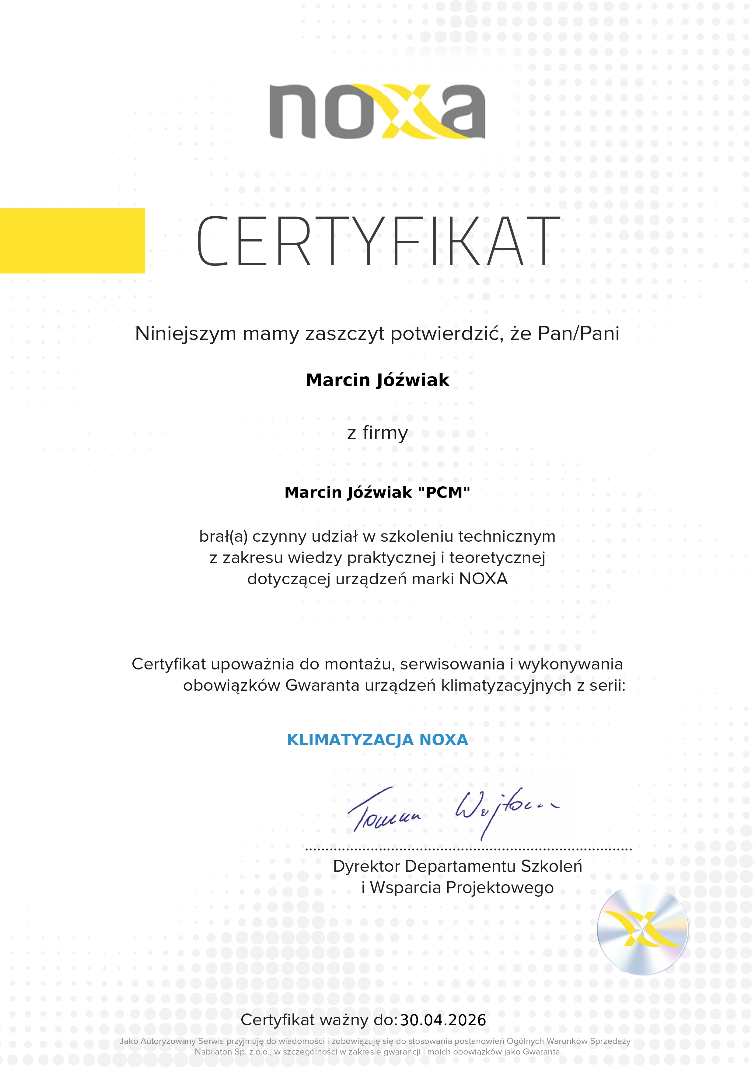 Certyfikat Noxa